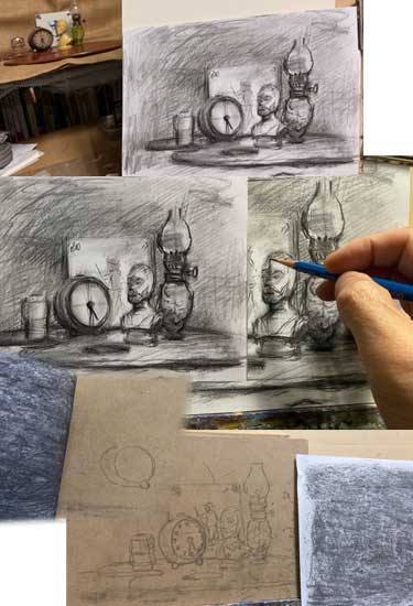 下絵の作成と、線画をボードにトレースする様子