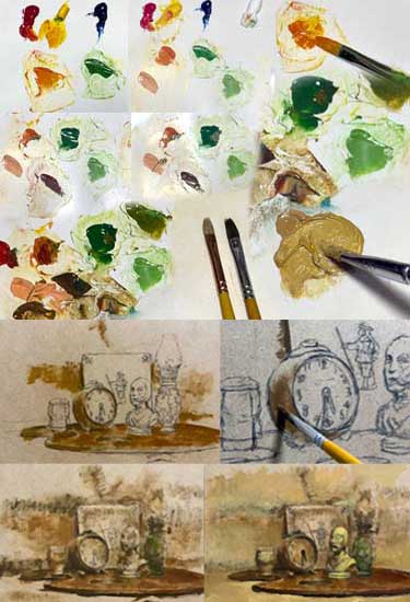 三原色の混色の様子とボードへの着彩